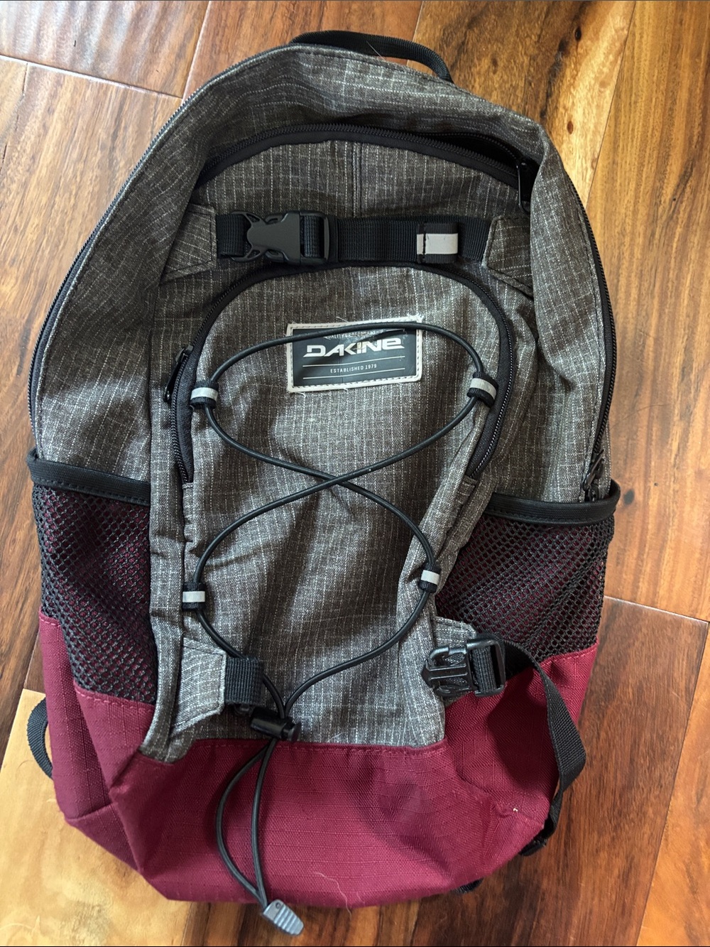 Dakine Gray and Burgundy Men's Backpack with Front Bungee